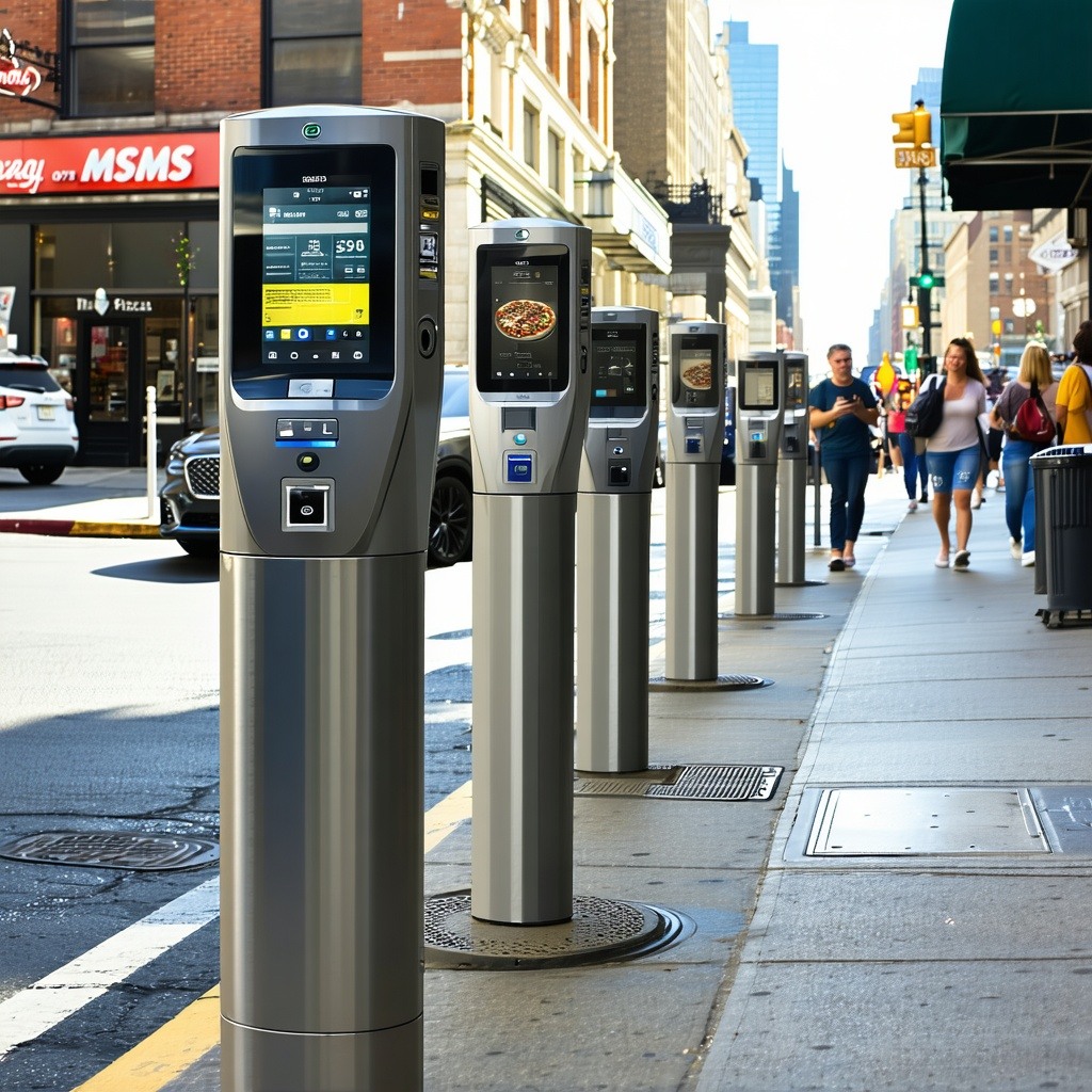 The image depicts a bustling urban street scene showcasing a row of modern multispace parking meters MSMs strategically placed along the curbside These sleek metallic devices stand prominently each featuring a clear digital display that indicates ava